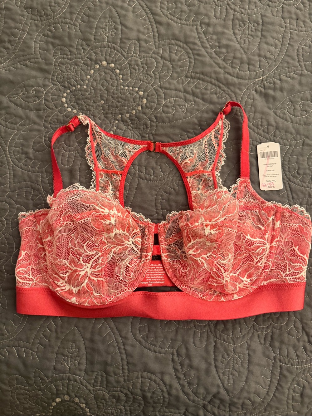 Soma Coral and Ivory Lace Underwire Bra with Racerback